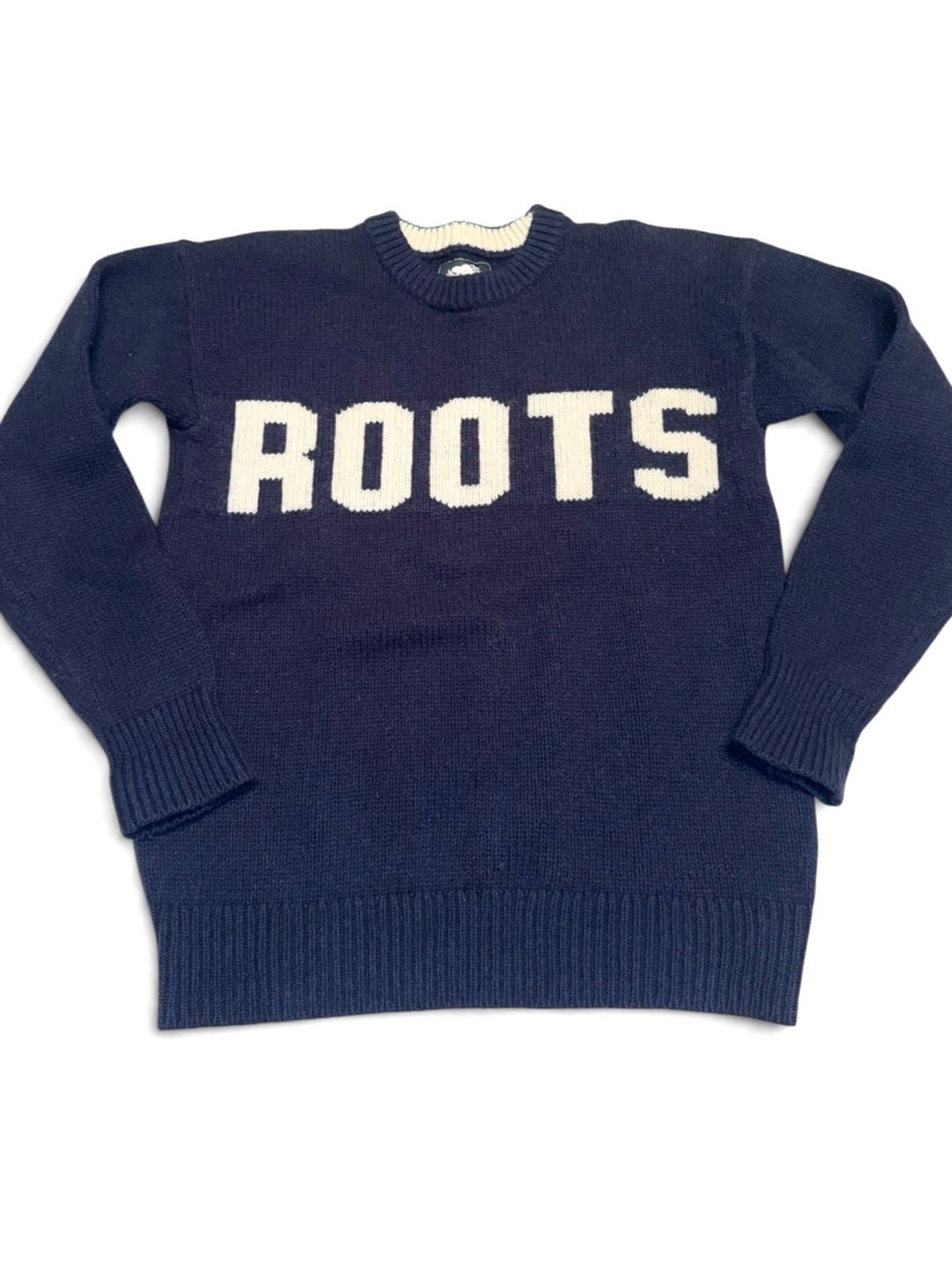 Roots Canada Navy Blue Cream Logo Knit Sweater Crewneck Pullover Size M